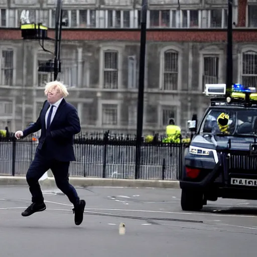 Prompt: helicopters and explosions in the background, police chasing Boris Johnson running from the police