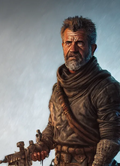 Image similar to A fantasy comic book style portrait painting of Mel Gibson as a grim survivalist warrior in a dark post apocalyptic landscape, unreal 5, DAZ, hyperrealistic, octane render, RPG portrait, ambient light, dynamic lighting