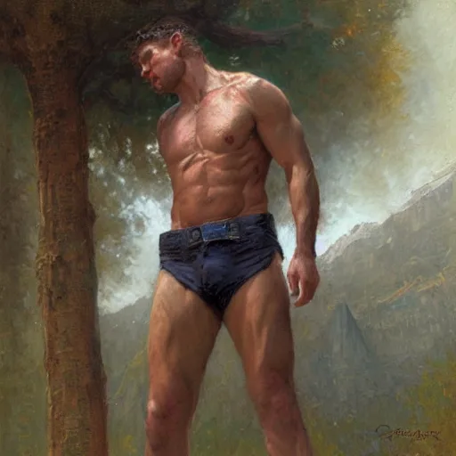 Prompt: Jakee Gyllenhaal with a shredded body type, painting by Gaston Bussiere, Craig Mullins