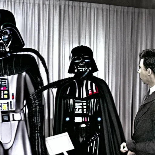 Image similar to color photo of robert oppenheimer debating with darth vader