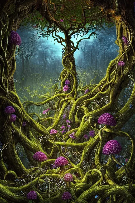 Image similar to a beautiful digital illustration painting of a detailed gothic fantasy vines and roots, blue mushrooms, flowers by benoit b. mandelbrot, steven belledin, martin johnson heade, lee madgwick, caspar david friedrich, and david rios ferreira. 8 k resolution trending on artstation concept art digital illustration