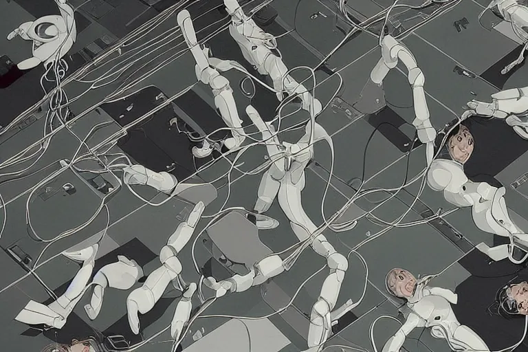 Image similar to a wonderful illustration of a white floor with a group of female androids' body parts with cables and wires coming out lying scattered over it, by masamune shirow, hajime sorayama and katsuhiro otomo, view from above, minimalist, hyperdetailed, super rich