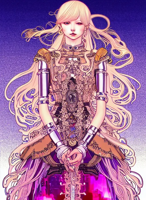 Prompt: highly detailed terada katsuya artgerm artstation s minaba hideo manga poster of princess mechine, long hair, armor, dress, laces, ruffles, 8 k, maximalist, hinny fluorescent gradient reflection, jump comics, tomer hanuka, alphonse mucha