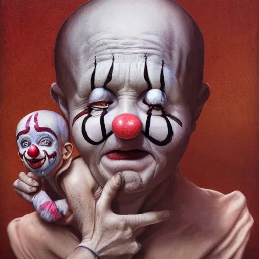 Image similar to a clown holding a baby inside an abandoned hospital, wayne barlowe, symmetrical, surreal, magic surrealism, very coherent symmetrical artwork, cinematic, hyper realism, high detail, octane render, 8 k