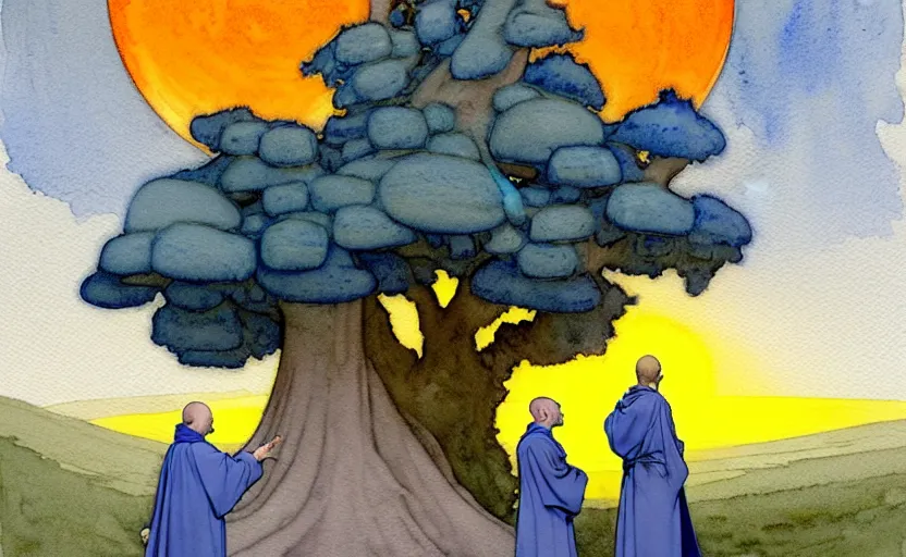 Prompt: a hyperrealist watercolor concept art of a bright blue sunny day. a dimensional portal in the shape of a tree arch is in the background and a medieval monk in grey robes is in the foreground. an orange sunset is seen through the portal. very muted colors, by rebecca guay, michael kaluta, charles vess. high detail, hq, wide shot, 4 k