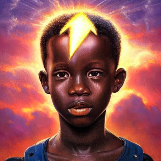 Image similar to upper half portrait of an african boy inside a group of clouds, mecha robots behind - surrounded by bolts of lightning with rays of light emanating from clouds - in drew struzan movie poster style, art by drew struzan, highly detailed, digital painting, ray tracing, illustration, smooth, sharp focus, intricate, symmetry, artstation,