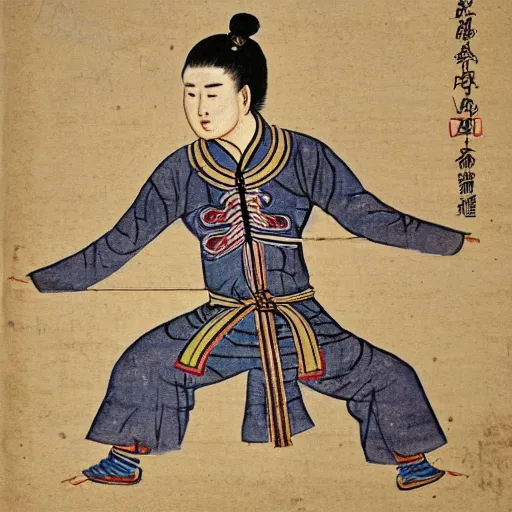 Image similar to yi jin jing posture in huang di nei jing chinese medical kung fu diagram, old manuscript, ancient information