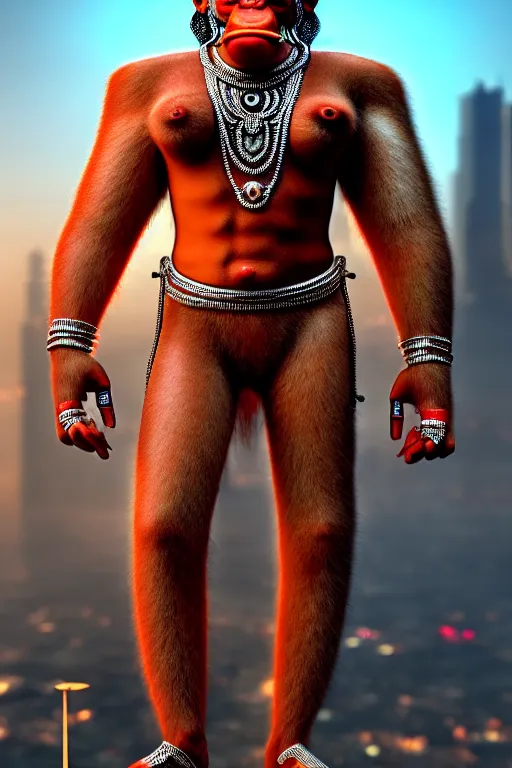 Prompt: high quality 3 d render hyperrealistic cyborg hanuman! madhubani, highly detailed, cyberpunk!! mumbai in the background, unreal engine cinematic smooth, in the style of solaris, hannah yata charlie immer, moody light, low angle, uhd 8 k, sharp focus