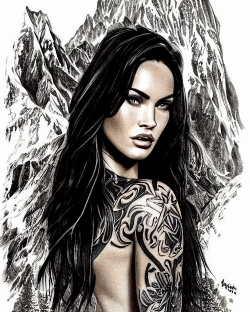 Image similar to tattoo design sketch with double exposure effect of megan fox with amazing mountain scenery, realism tattoo, in the style of den yakovlev, amazing detail, sharp