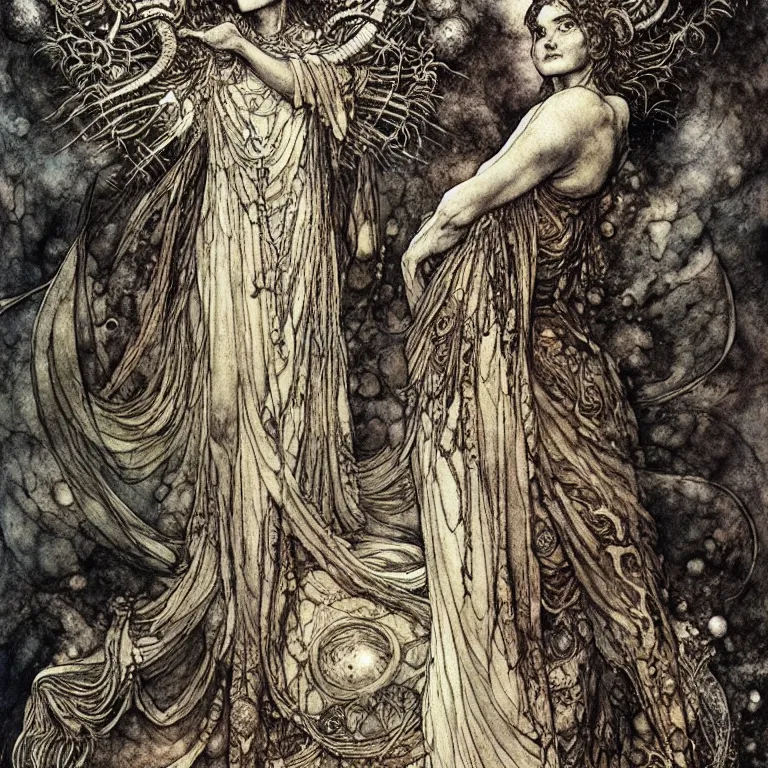 Prompt: A detailed horned many-faced goddess stands among the cosmos. Wearing a ripped mantle-robe in cosmic texture. Perfect faces, extremely high details, realistic, fantasy art, solo, masterpiece, art by Arthur Rackham, Dariusz Zawadzki