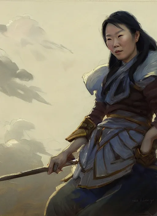 Prompt: portrait of Chin Li from League of Legends practicing, countryside, calm, fantasy character portrait, dynamic pose, above view, sunny day, thunder clouds in the sky, artwork by Jeremy Lipkin and Giuseppe Dangelico Pino and Michael Garmash and Rob Rey and Jean Giraud, very coherent asymmetrical artwork, sharp edges, perfect face, simple form, 100mm