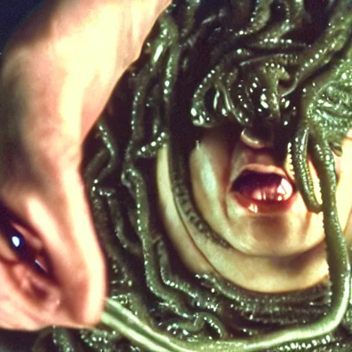 Prompt: filmic extreme realistic wide shot dutch angle movie still 35mm film color photograph of a doctor being decapitated by a spiney alien tendril