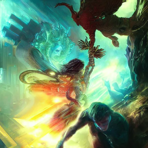 Image similar to dmt trip through the metaverse by raymond swanland, highly detailed, bright tones