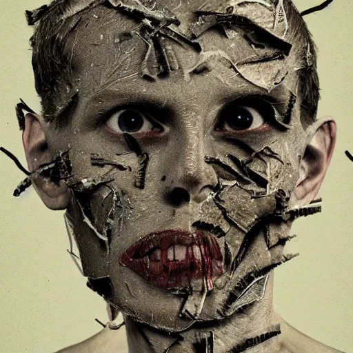 Prompt: face shredded like paper as skin peeling, dark, surreal, illustration, realistic horror