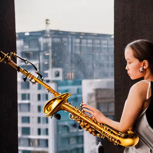 Image similar to a woman playing the saxophone on the roof of a building while it's raining, paint, golden hour