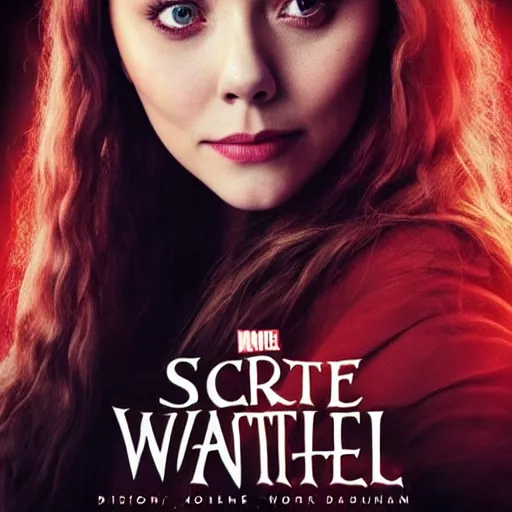 Prompt: movie poster'the scarlet witch'starring elizabeth olsen [ wearing dark makeup ]!!, 4 k quality, pinterest movie cover, trending on unsplash