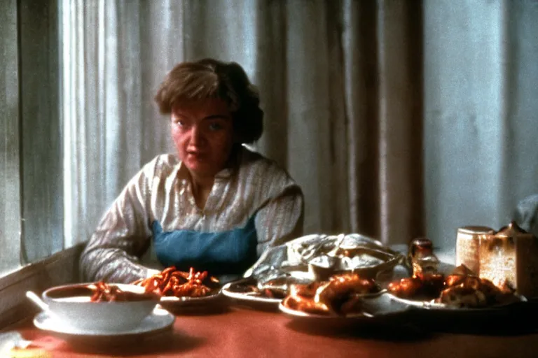 Image similar to soviet movie still a soviet woman sitting at a table next to the window with food, dark warm light, a character portrait by margarita terekhova, movie stalker solaris film still by andrei tarkovsky, 8 k, 1 9 8 4, close - up bokeh, gelios lens, color, noir