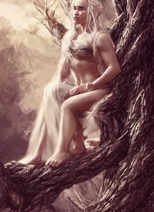 Image similar to Emilia Clarke as Daenerys Targaryen taking a rest under tree after an long adventure, a ruggedly muscled handsome heroine, intricate, elegant, highly detailed, centered, digital painting, artstation, concept art, smooth, sharp focus, illustration, artgerm, donato giancola, Joseph Christian Leyendecker, WLOP, Artgerm, thunder storm