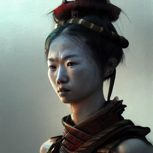 Prompt: Sickly diseased dying female Samurai warrior, portrait by Cedric Peyravernay, highly detailed, excellent composition, cinematic concept art, dramatic lighting, trending on ArtStation