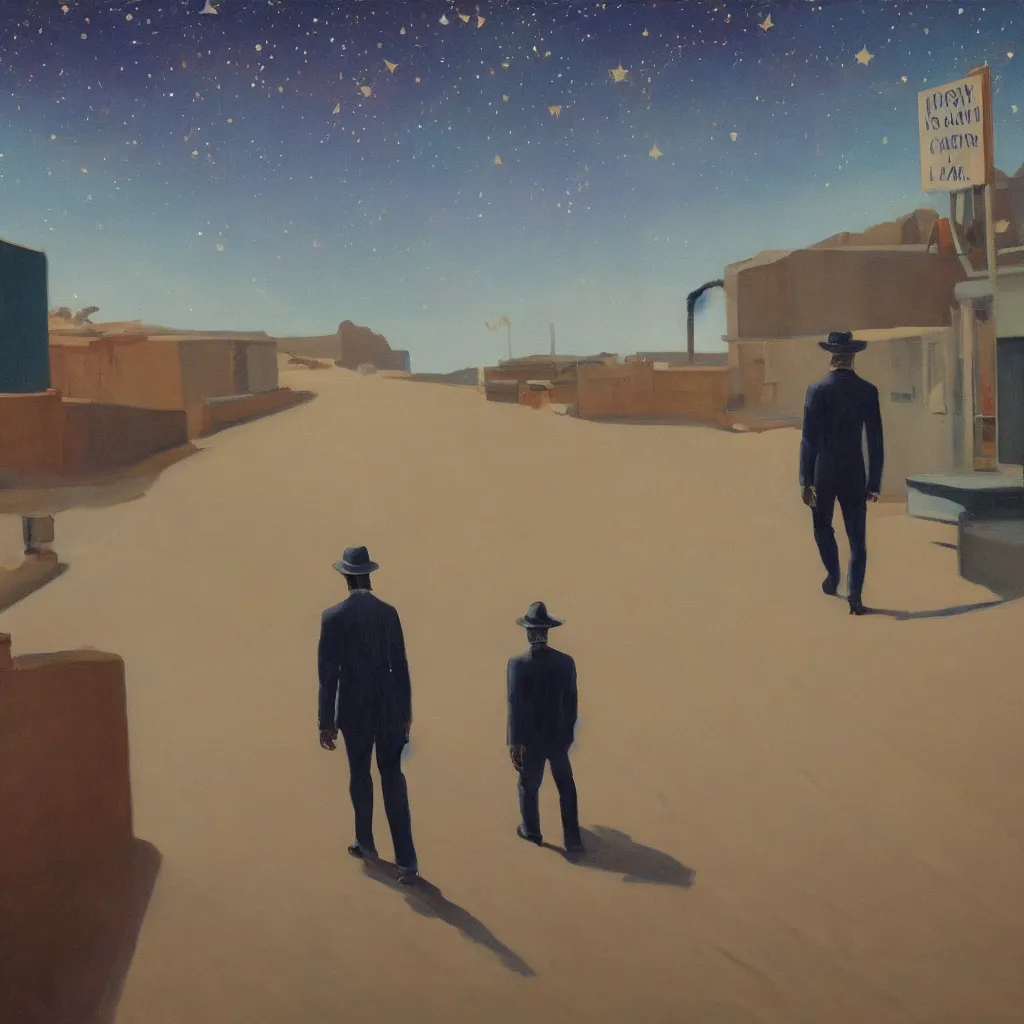 Prompt: a painting of a man walking down a lonely street on another planet and the sky is covered in stars, the head of the man is a skull, he is wearing a suit, in the style of edward hopper, 4 k,