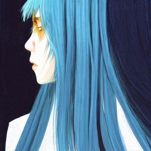 Image similar to profile shot of rimuru tempest, sky blue straight hair, long bangs, gold eyes, wearing a black jacket with white stripes, high collar, ultra detailed, brush strokes, digital painting, cinematic, wlop, closeup, pixiv, color block, eerie, scary, yoshitaka amano, andy warhol, junji ito