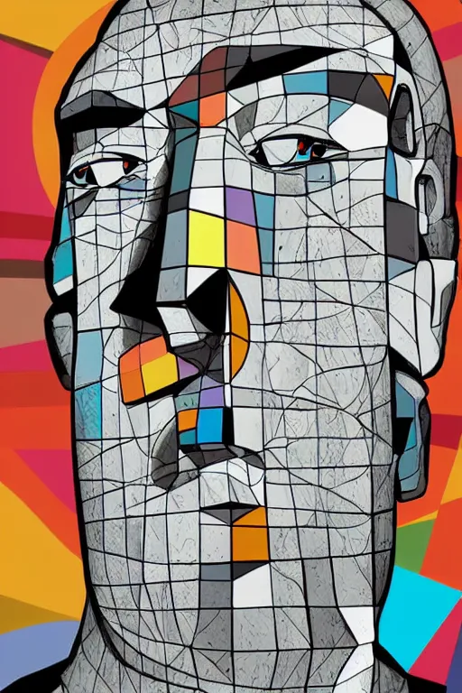 Image similar to cubist moai statue cutout digital illustration cartoon colorful beeple