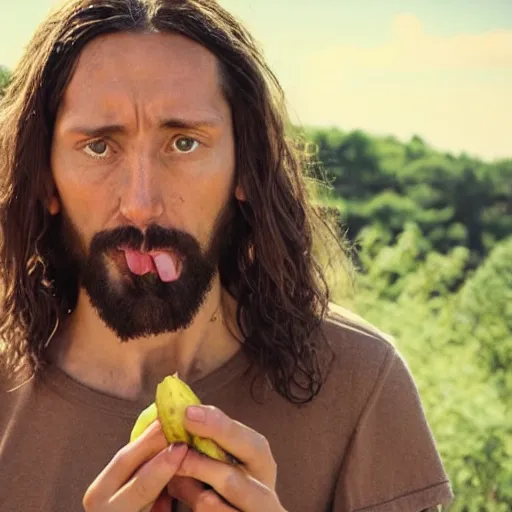 Image similar to sweaty jesus eating a wet pickle and staring into the camera expectantly, professional photograph, highly detailed