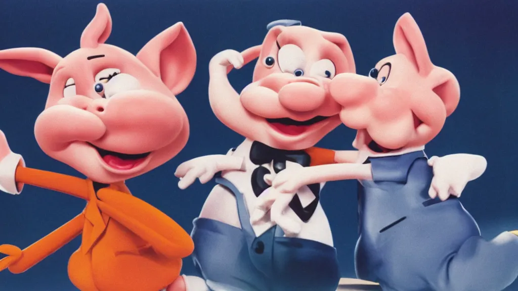 Image similar to found footage of Porky Pig eating glue, hyperrealistic