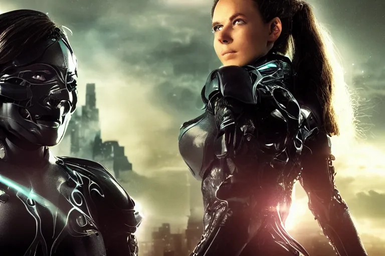 Image similar to VFX movie closeup portrait of a gorgeous futuristic hero cyborg woman in black spandex armor in future city, hero pose, beautiful skin, city night lighting by Emmanuel Lubezki