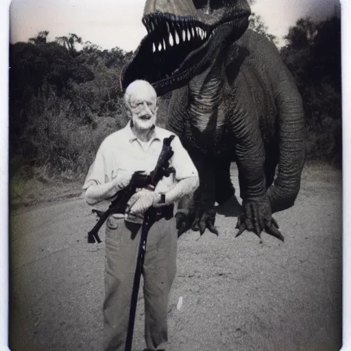 Image similar to old polaroid photo of an old man holding a rifle and standing proudly next to a dinosaur corpse