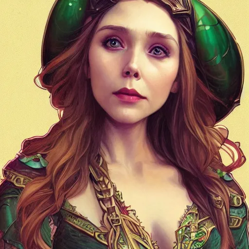 Image similar to Elizabeth Olsen as a elf archer, cute, fantasy, intricate, elegant, highly detailed, centered, digital painting, artstation, concept art, smooth, sharp focus, illustration, art by artgerm and H R Giger and alphonse mucha
