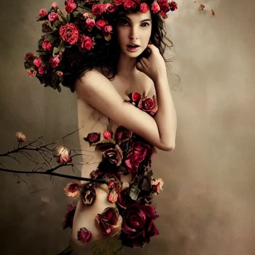 Image similar to full body fine art photo of the beauty gal gadot, she is merging from dried roses, taken by oleg oprisco