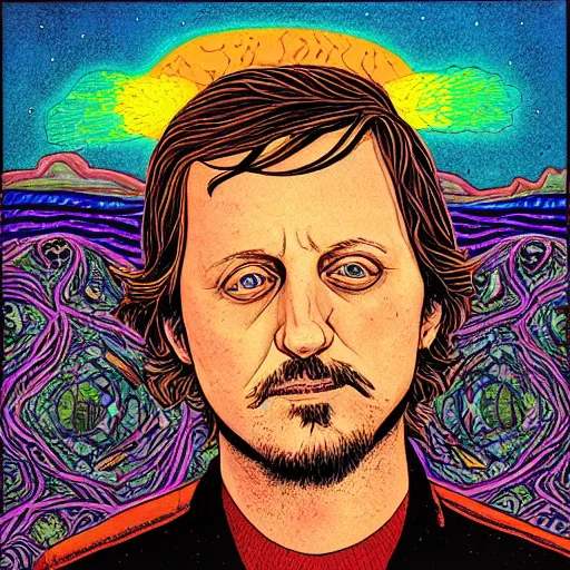 Image similar to sturgill simpson, portrait, by alex gray, dmt background, hallucinogenic, turtles all the way down