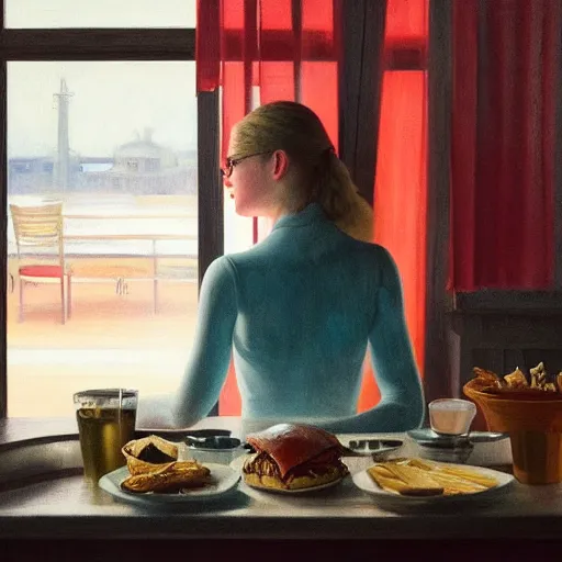 Prompt: Elle Fanning alone in a diner in the world of Edward Hopper, stormy weather, extremely detailed masterpiece, oil on canvas, low-key neon lighting, artstation, Blade Runner 2049, Roger Deakin’s cinematography, by J. C. Leyendecker and Peter Paul Rubens,