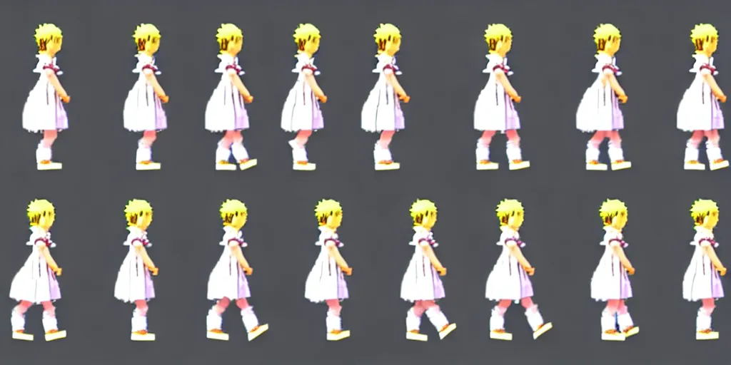 Image similar to 3 d walking cycle sprite sheet of a girl in a peasant clothes, walking to the right, each sprite is a different frame of the animation, in the style of final fantasy games, side view of her taking steps, accurate walk cycle, walk cycle, walk cycle, always wearing the same clothes