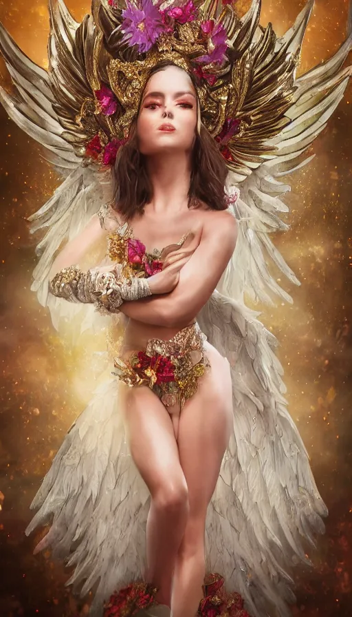 Image similar to expressive full body photo of sophia lauren as beautiful angel, smooth glowing skin, ornate headpiece made from flowers, ornaments, glamour shot, by karol bak, by stefan gesell, octane render, unreal engine, photorealistic, canon r 3, fashion photography, studio shot