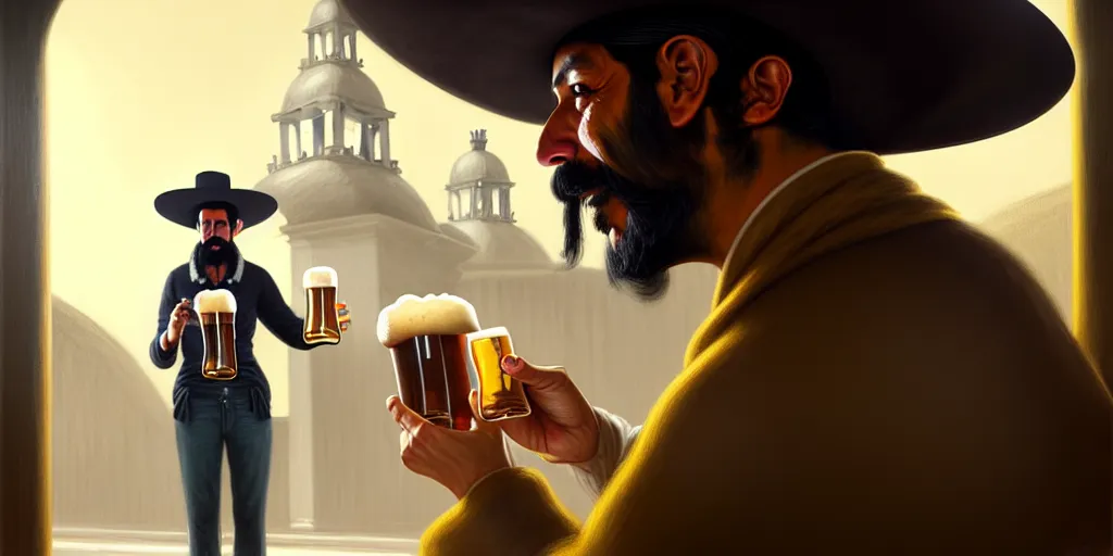 Image similar to a illustration of a mexican man with hat drinking a beer on train station, fantasy, intricate, elegant, highly detailed, digital painting, artstation, concept art, matte, sharp focus, art by aenaluck and roberto ferri and greg rutkowski, epic, juan caloto, juice ipa