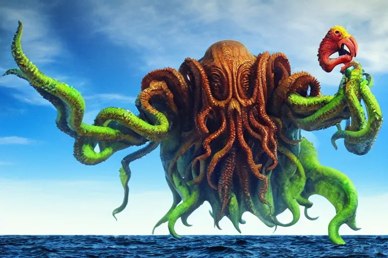 Prompt: giant Cthulhu with a parrot head, high definition, photorealistic, long shot, epic, horizon mountain over water