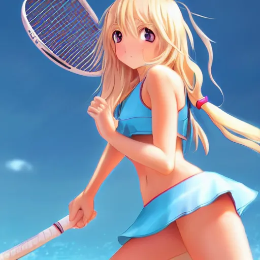Image similar to a very beautiful young anime tennis girl, full body, long wavy blond hair, sky blue eyes, full round face,, bikini, miniskirt, front view, mid - shot, highly detailed, cinematic wallpaper by stanley artgerm lau