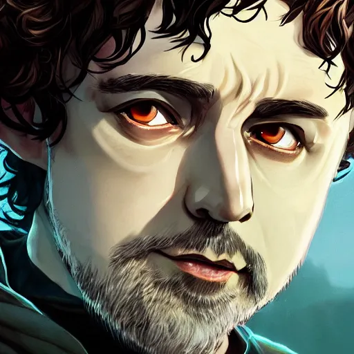 Image similar to Director Peter Jackson as Frodo Baggins, Frodo with Director Peter Jackson's beard, Frodo has Director Peter Jackson's eyes, ambient lighting, 4k, anime key visual, lois van baarle, ilya kuvshinov, rossdraws, artstation