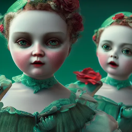 Prompt: a 3d rendered animated movie poster about eerily beautiful old porcelain dolls, rendered in renderman, color grade green red, dramatic lighting, fine details, by Carlos Ortega Elizalde