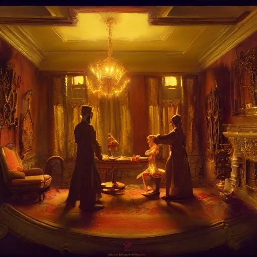 Image similar to inside the haunted mansion. highly detailed painting by gaston bussiere, craig mullins, j. c. leyendecker 8 k