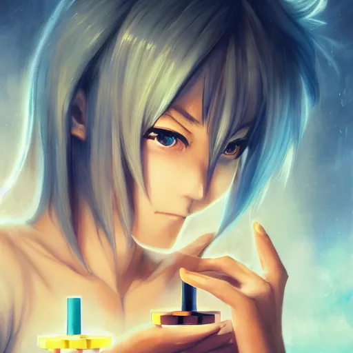 Image similar to rimuru tempest from tensura playing chess, perfect hands, with amber eyes of golden colored eyes, straight hair, sky blue hair, long bangs, high collar, concept art, award winning photography, digital painting, cinematic, wlop, 8 k, by ross tran, tom bagshaw, andy warhol