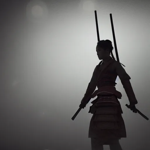 Image similar to a 75mm shot from a samurai girl in the battleground waiting for the enemies ,volumetric lights, dark, cinematographic, from a marvel movie, octane render , 4k , high resolution, ultra realistic, epic