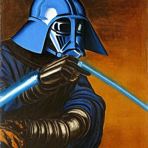 Prompt: a paint of a knight welding a blue lightsaber by Leonardo da Vinci