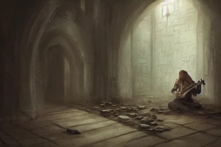 Image similar to an empty brutalist chamber, lonely, somber, a cursed lute, oud, guitar by brian froud leans against the wall alone, abandoned. a thin wisp of smoke rises from the lute. late afternoon lighting cinematic fantasy painting by jessica rossier