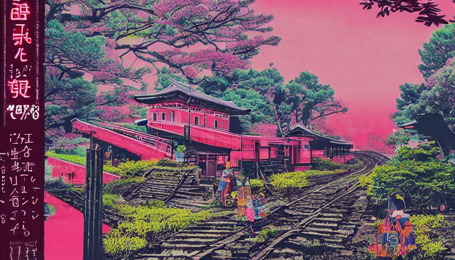 Image similar to Japan rural splendor rail travel and touring c2050, surrealist psychedelic photo-collage painting spot illustration in the style of Newsweek magazine, +81 magazine, muted deep neon color, clean slick design