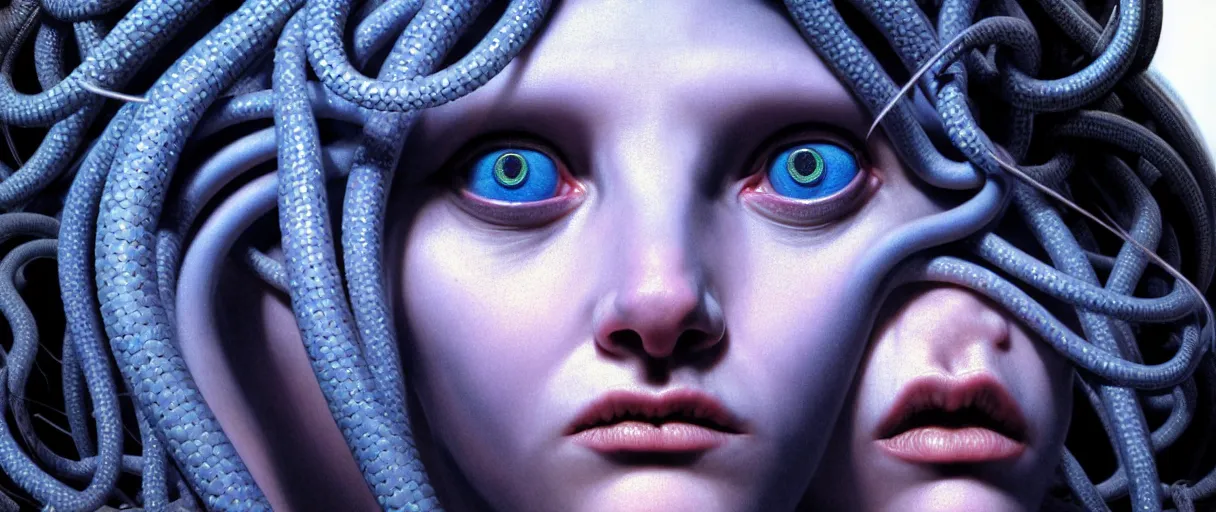 Image similar to hyperrealistic highly detailed close-up portrait of a Rubensian blue gothic medusa with round cat eyes sharp concept art wayne barlowe cinematic lighting 8k low angle shallow depth of field