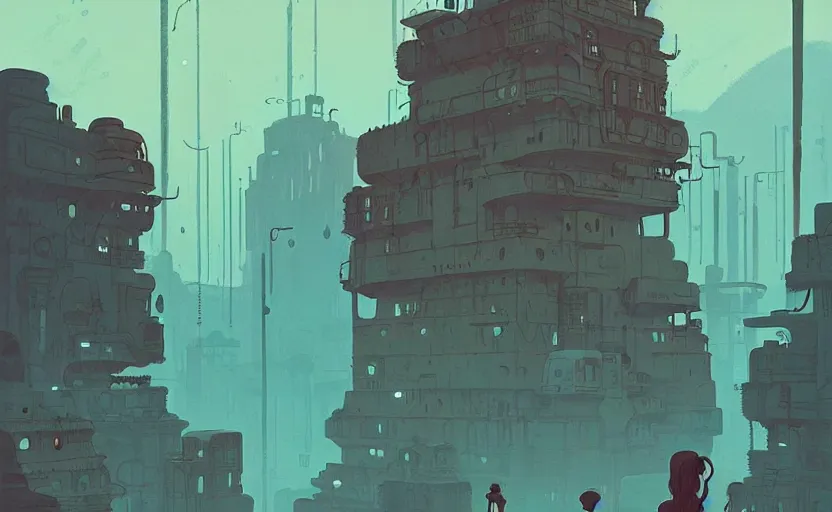 Prompt: lost city by atey ghailan, by james gilleard, by simon stalenhag, by joe fenton, by kaethe butcher, dynamic lighting, gradient light blue, brown, blonde cream and white color scheme, grunge aesthetic