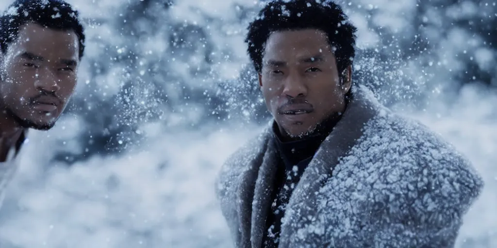 Prompt: a film still of a black man in the snow starring in a japanese blockbuster film tekken 7, shallow depth of field, cinematic, award winning cgi, vfx, film still